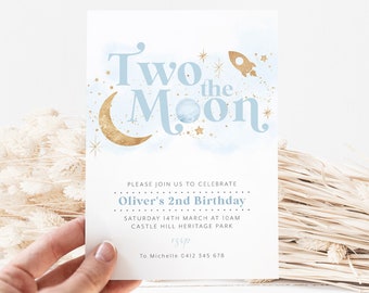 Two the Moon Birthday Invitation Template, 2nd Birthday Space Invitation, Two the Moon Space Invitation Boy, Printable Birthday Invitation