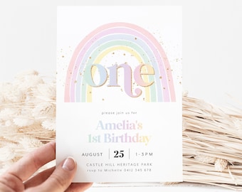 Pastel Rainbow Birthday Invitation, Pastel 1st Birthday Invite, First Birthday Invitation, 1st Birthday Girl, Pastel Rainbow Invitation Girl