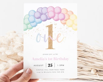 First Birthday Invitation, Pastel Rainbow 1st Birthday Invite, 1st Birthday Invitation, 1st Birthday Girl, Pastel Rainbow Balloon Arch
