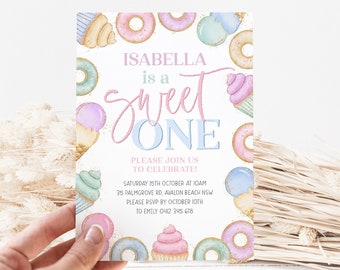 Sweet One Birthday Invitation, Pastel Girls 1st Birthday Party, Donut Cupcake Icecream Invitation, Candyland First Birthday Party