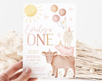 Farm Birthday Invitation Template, Farm Animals 1st Birthday Invite Girls, Barnyard Animals Birthday Printable Invitation, 1st Birthday Girl