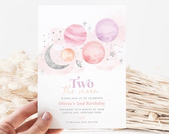 Two the Moon 2nd Birthday Invitation Template, Two the Moon Girl Birthday Space Invitation, Invitation Girl, Printable Birthday Invitation