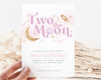 Two the Moon Birthday Invitation Template, 2nd Birthday Space Invitation, Two the Moon Space Invitation Girl, Printable Birthday Invitation