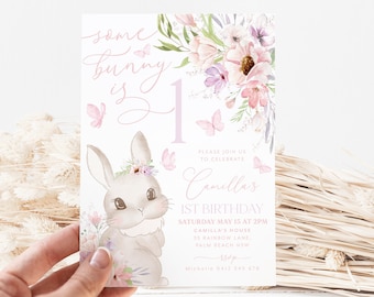 Some Bunny is One Invitation, Floral Some Bunny is Turning One Invite, Bunny Birthday Party Invitation, 1st Birthday Girl, Butterflies Pink