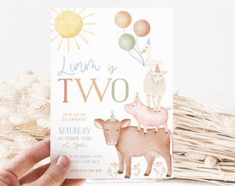 Farm Birthday Invitation Template, Farm Animals 2nd Birthday Invite Boy, Barnyard Animals Birthday Printable Invitation, Boys Birthday Farm