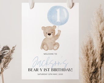 Bären Willkommensschild, Bär 1.Geburtstag Willkommensschild, Baby erster Geburtstag, Blauer Bär Willkommensschild, Beary erster Geburtstag