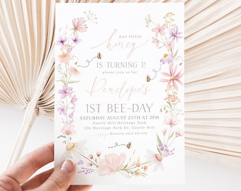 First Bee Day Invitation, Bee Birthday Invitation Pink, Bee 1st Birthday Invite, Bumble Bee Birthday, Wildflower Bee Day, 1st Birthday Girl