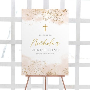 Printable Welcome Sign, Christening Welcome Sign, Baptism Welcome Sign, Pink and Gold, Pink Watercolor Welcome Sign, Pink and Gold Sign