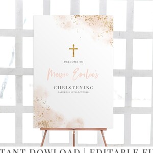 Printable Welcome Sign, Christening Welcome Sign, Baptism Welcome Sign, Pink and Gold, Pink Watercolor Welcome Sign, Pink and Gold Sign