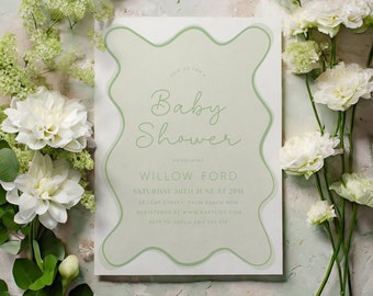 Sage Green Baby Shower Invitation, Gender Neutral Baby Shower, Wavy Invitation, Curve Invite, Wave Invitation, Modern Baby Shower Sage Green