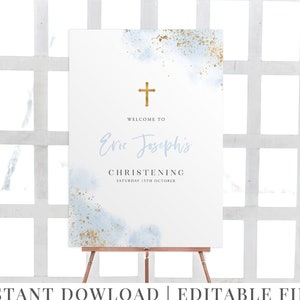 Printable Welcome Sign, Christening Welcome Sign, Baptism Welcome Sign, Blue and Gold, Blue Watercolor Welcome Sign, Blue and Gold Sign