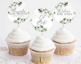 Cupcake Toppers, Baby Shower Cupcake Toppers, Printable Greenery Baby Shower Cupcake Topper, Editable Cupcake, Greenery Cupcake Toppers Baby