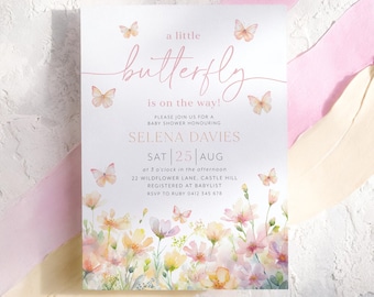 Butterfly Baby Shower Invitation, Pink Butterfly Invitation Template, Butterfly Baby Shower Invitation Girl, Butterflies and Flowers Pink
