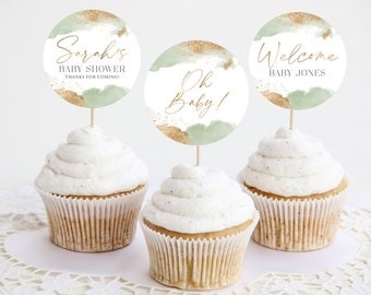 Cupcake Toppers, Baby Shower Cupcake Toppers, Printable Green and Gold Baby Shower Cupcake Topper, Editable Cupcake, Sage Green Baby Shower