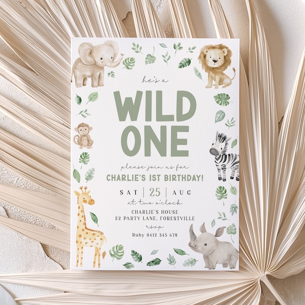 Wild One Birthday Boy Invitation, Wild One Invitation Printable, Safari Wild One Party Invite, Boy Safari Animals Invitation, Jungle Animal