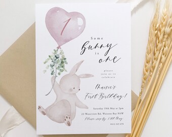 Some Bunny Is One Birthday Invitation, Girls 1st Birthday Party, Personalised Bunny Invitation, Editable Rabbit Invitation, First Birthday