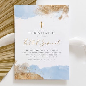 Christening Invitation Boy, Baptism Invitation Template, Blue Watercolour, Gold Christening Invite, Printable Christening, Baptismal