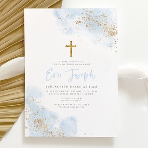 Christening Invitation Boy, Baptism Invitation, Blue and Gold, Light Blue Watercolour, Printable Baptismal Invitation, Blue Gold Christening