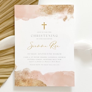 Baptism Invitation Girl, Christening Invitation Template, Blush Pink Gold, Printable Invitation, Editable Pink Christening, Baptismal