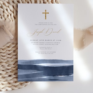 Modern Christening Invitation, Baptism Boy Invitation Template, Navy Gold Printable Invitation, Boys Baptismal Invitation Editable