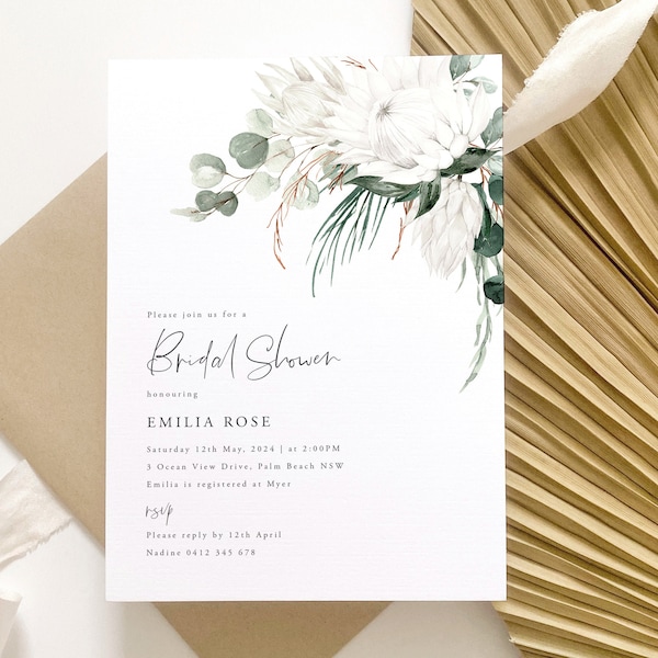 Bridal Shower Invitation, Floral Invitation Template, Kitchen Tea Invite, White Protea Bouquet, White Flower, Printable Protea Invitation