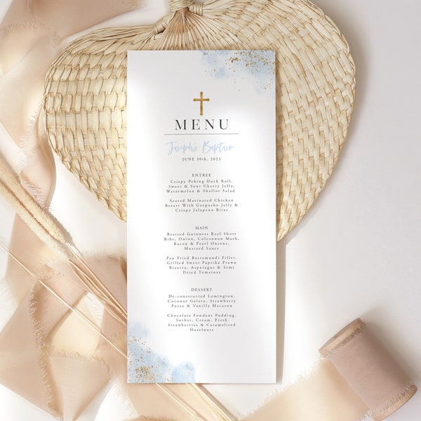 Christening Menu Template, Printable, Baptism Menu Template, Printable Menu, Editable Menu, Blue and Gold | Boys Christening | Menu