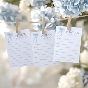Blue Bow Baby Shower Advice, Baby Shower Predictions, Baby Shower Wishes, Advice Card, Editable Games, Blue Bow Baby Shower Games Printable
