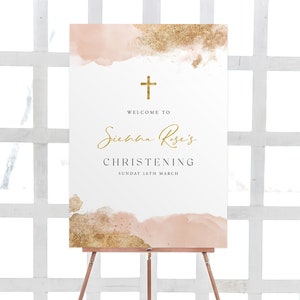 Printable Welcome Sign, Christening Welcome Sign, Baptism Welcome Sign, Pink and Gold, Pink Watercolor Welcome Sign, Pink and Gold Sign