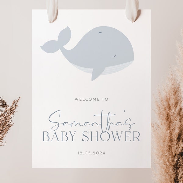 Welkomstbord walvis, welkomstbord walvis babyshower, welkomstbord jongensbabyshower, blauwe babyjongen walvis, borden babyshower, bewerkbare afdrukbare