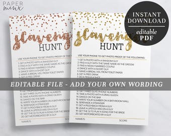 Scavenger Hunt Game | Editable Scavenger Hunt Game | Rose Gold Games | Gold Glitter | Bachelorette Hens Party Games | Printable | Editable