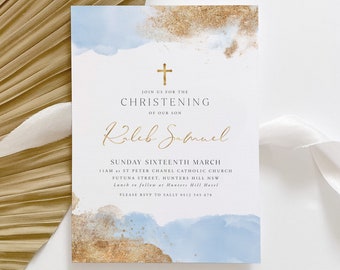 Christening Invitation Boy, Baptism Invitation Template, Blue Watercolour, Gold Christening Invite, Printable Christening, Baptismal