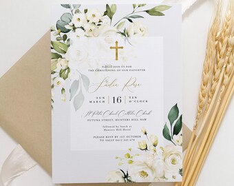 May include: A white floral design with green leaves and a gold cross on a white background. The text reads "Please join us for the christening of our daughter Ladie Rose Sun March 16 Ten O'Clock St Peter's Catholic Church Futuna Street, Hunters Hill NSW followed by lunch at Hunters Hill Hotel Please RSVP by 1st October to Sally 0412 345 678"