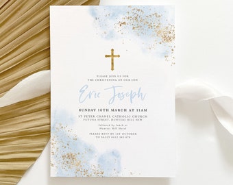 Christening Invitation Boy, Baptism Invitation, Blue and Gold, Light Blue Watercolour, Printable Baptismal Invitation, Blue Gold Christening