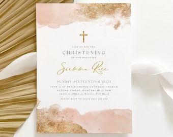 Baptism Invitation Girl, Christening Invitation Template, Blush Pink Gold, Printable Invitation, Editable Pink Christening, Baptismal