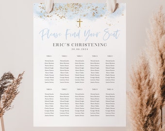Seating Chart, Christening Seating Chart, Baptism Seating Chart Template, Blue and Gold Seating Chart, Editable Seating Plan, Christening