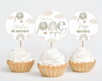 Mr Onederful Cupcake Toppers Printable, Hot Air Balloon Cupcake Toppers Rainbow, Mr Onederful 1st Birthday Decorations, Rainbow 1st Birthday
