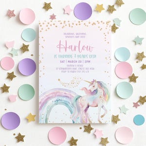 May include: A party invitation with a unicorn and rainbow design. The invitation is surrounded by gold glitter stars and pastel-colored circles. The text reads "Harlow is turning 3 years old!"