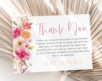 Citrus Thank You Card Template, Printable Main Squeeze Bridal Shower Thank You Card Instant Download Thank You Card, Bridal Thank You Pink