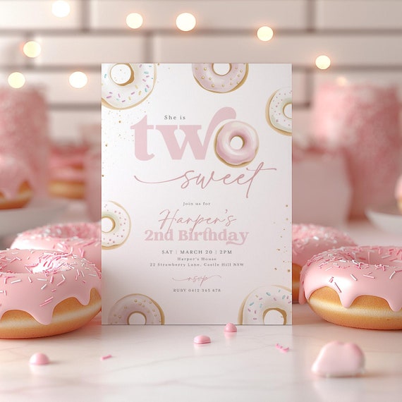 Two Sweet Birthday Invitation Template, 2nd Birthday Girls Donut Invitation, Two Sweet Invite Girl, Printable 2nd Birthday Invitation Pink