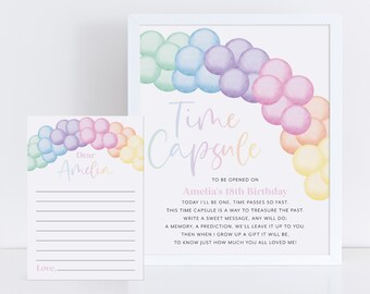 Peut inclure: Une carte de capsule temporelle imprimable avec un arc-en-ciel de ballons aquarelle. La carte comprend le texte "Time Capsule" et "À ouvrir le 18e anniversaire d'Amelia".