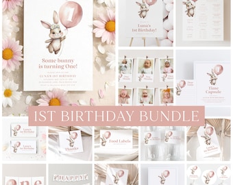 Some Bunny Birthday Invitation Bundle, Some Bunny is One 1st Birthday Invite, Bunny Birthday Invitation, 1st Birthday Girl, Invitation Pink