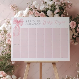 Pink Bow Baby Shower Due Date Calendar, Birth Date Sign, Baby Arrival Sign Printable, Pink Bow Baby Shower, Bow Due Date Sign Baby Shower
