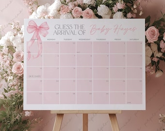 Pink Bow Baby Shower Due Date Calendar, Birth Date Sign, Baby Arrival Sign Printable, Pink Bow Baby Shower, Bow Due Date Sign Baby Shower