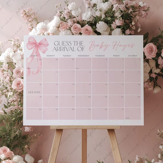 Pink Bow Baby Shower Due Date Calendar, Birth Date Sign, Baby Arrival Sign Printable, Pink Bow Baby Shower, Bow Due Date Sign Baby Shower