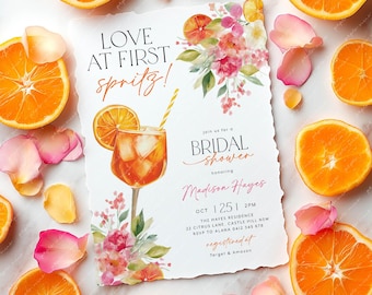 Love at First Spritz Bridal Shower Invitation, Aperol Spritz Bridal Shower Invite, Citrus Bridal Brunch, Orange Bridal Shower Bright Florals
