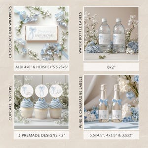 May include: Blue and white baby shower party decorations including cupcake toppers, chocolate bar wrappers, water bottle labels, and wine and champagne labels. The labels feature a blue ribbon and the text "Baby Shower".