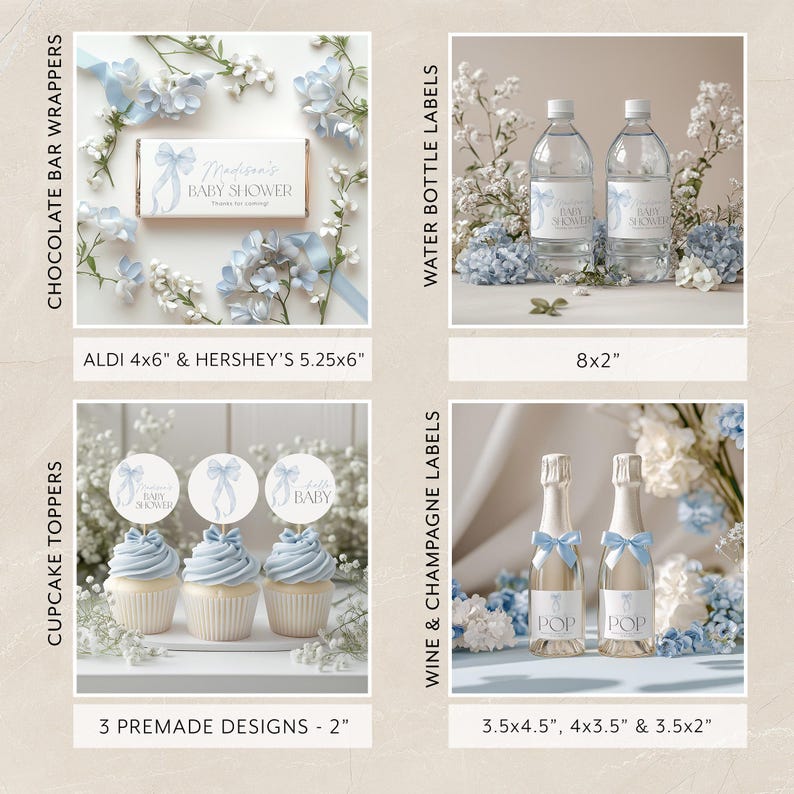 May include: Blue and white baby shower party decorations including cupcake toppers, chocolate bar wrappers, water bottle labels, and wine and champagne labels. The labels feature a blue ribbon and the text "Baby Shower".