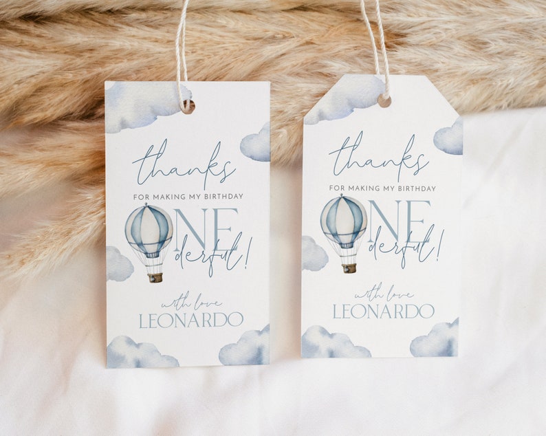 May include: Two blue and white thank you tags with a hot air balloon and clouds. The text on the tags reads "thanks for making my birthday one derful!" with love Leonardo.