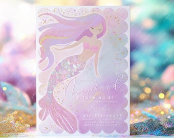 May include: A purple and pink mermaid illustration with gold glitter accents. The text reads "Our Little Mermaid is Turning 6! Let's Celebrate! [Name] 6th Birthday! Saturday 13th August at 7pm 321 Canyon Rd Malibu, CA RSVP to Maria 123-456-7890"