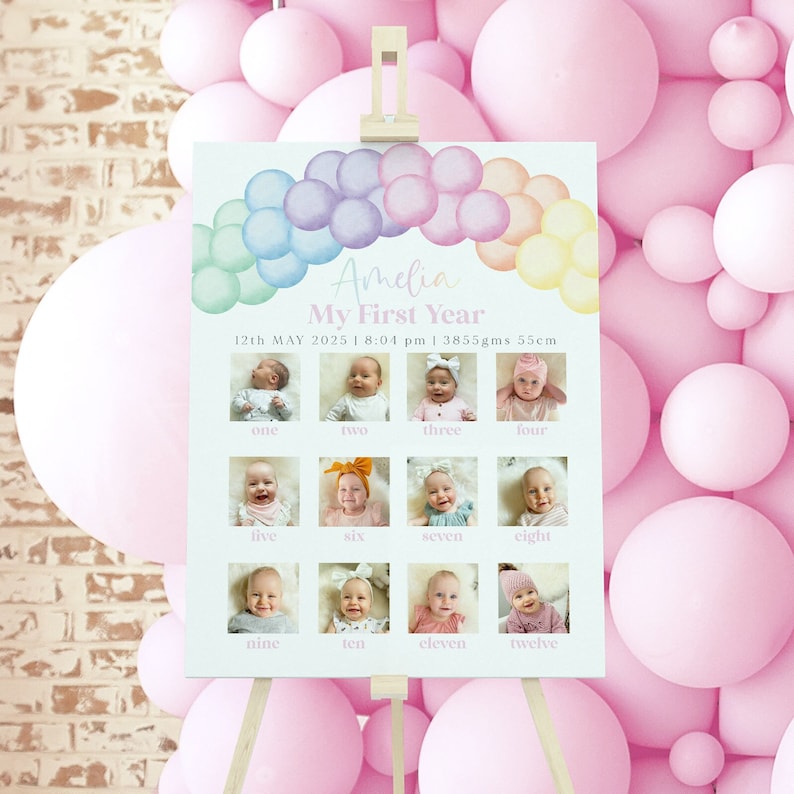 1st Birthday Photo Board Printable, First Birthday Monthly Photo Sign, Girls First Year, 1st Birthday Decor, Pastel Rainbow Balloons image 1